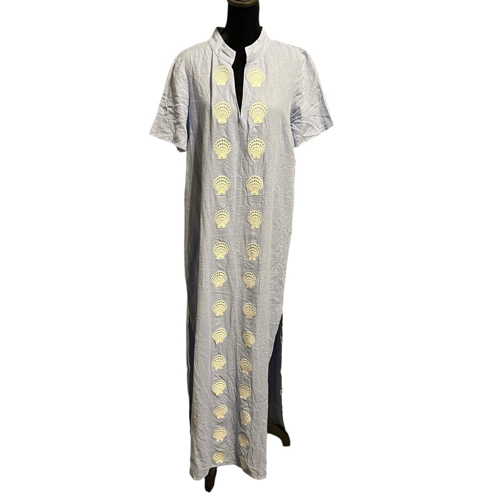 Sail To Sable Sleeveless Split Hem Maxi Dress Beachy Embroidered Seashells Sz S